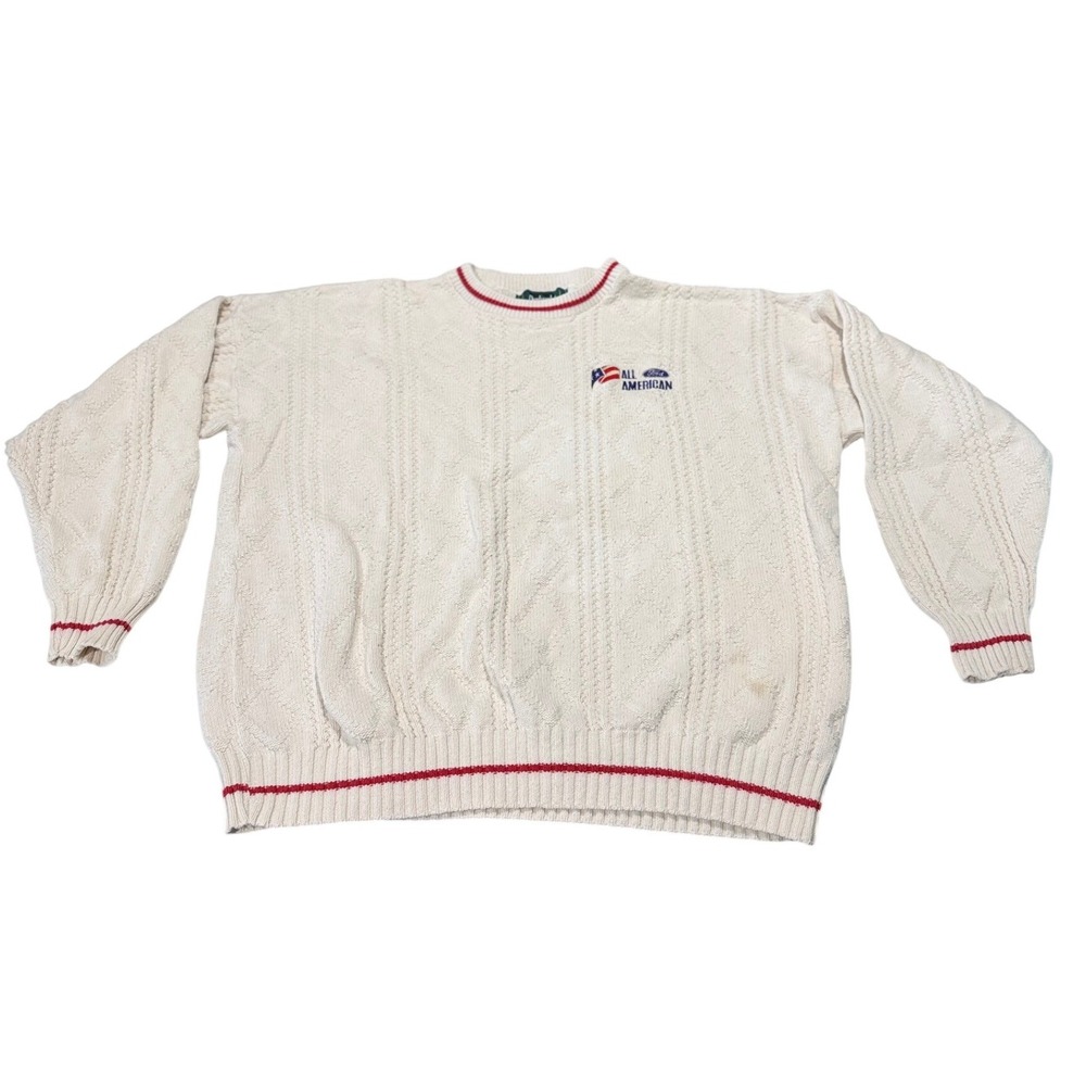 Dunbrooke All American Ford Cable Knit Sweater Mens‎ XL Cream Red Made in USA